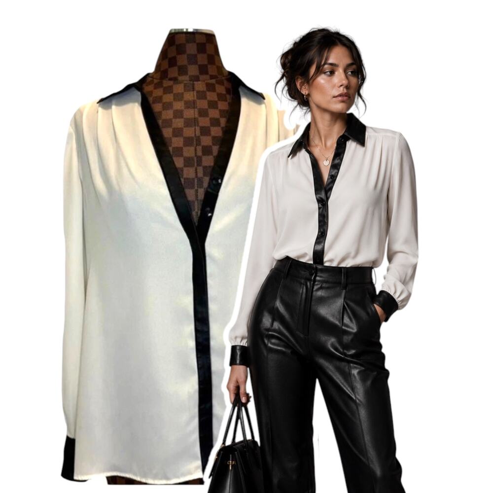 Alfani Womens Blouse Size 12 White Black Faux Leather Trim V-Neck Semi-Sheer Top